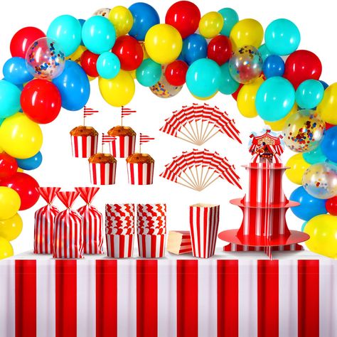 PRICES MAY VARY. Complete Combination: you will receive 105 pieces carnival balloon arch wreath kit, 2 pieces red and white striped table skirt, 24 pieces popcorn boxes, 100 pieces cupcake wrappers, 100 pieces cupcake liners, 1 piece 3 tier cupcake stand, 100 pieces treat bags; Such a nice and complete combination can satisfy you various party decorative needs and daily uses Circus Carnival Themed Decor: these circus theme party decorations adopt a classic red and white striped pattern, very bri Carnival Party Centerpieces, Circus Birthday Party Decorations, Carnival Cupcakes, Tier Cupcake Stand, 3 Tier Cupcake Stand, Circus Party Decorations, Circus Birthday Party Theme, Cupcake Tiers Stand, Circus Carnival Party