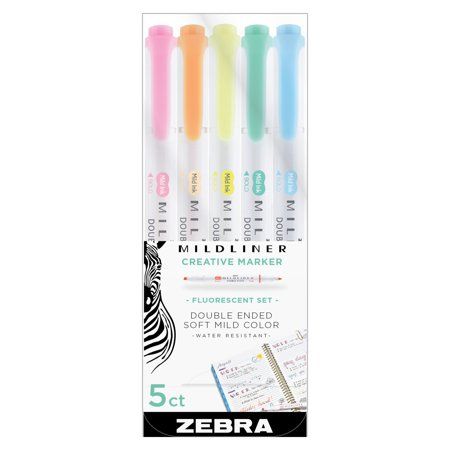 Zebra Mildliner Double-Ended Highlighter Set, 5-Colors, Fluorescent Zebra's Mildliner features a mild color ink that shows up softly on paper. The double-ended bullet and fine point tip highlighters are ideal for a variety of applications, whether for hand-lettering or writing in a rapid journal, planner or study guide. The mild water-resistant ink is translucent and excellent for layering. This set includes one each of blue, blue green, yellow, orange, and pink. Size: none. Color: Multicolor. Mildliner Highlighters, Pastel Highlighter, Bible Journaling Supplies, Zebra Mildliner, Calendar Stamps, Highlighter Set, Pen Store, Marker Paper, Highlighters Markers