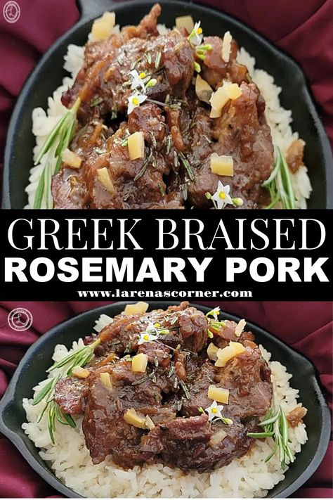 Greek Rosemary Braised Pork collage with two photos of this decadent dish. Greek Pork, Yacon Syrup, Pork Stew Recipes, Honey Pork, Sweet Pork, Pork Stew, Autumn Recipes, Mediterranean Food, Pork Recipe