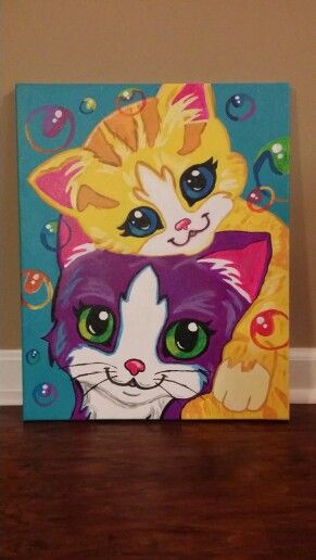 Lisa Frank Canvas Painting, Acrylic Painting For Nursery, Lisa Frank Painting, Kitten Painting, Cat Acrylic Painting Easy, Cat Canvas Painting, Cat Painting Ideas, Cute Cat Painting Easy, Cute Cat Painting