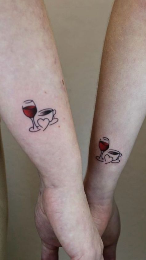 Matching tattoo with my friend who loves red wine and coffee as much as I do Wine Tattoo Ideas Friends, Wine Tattoo Ideas, Tattoo Ideas Friends, Best Friends Matching, Wine Tattoo, Matching Best Friend Tattoos, Coffee Tattoo, Coffee Tattoos, Matching Tattoo