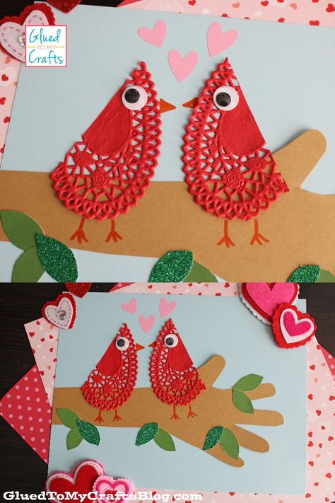 Paper Heart Doily Love Bird Craft Idea For Kids Valentines Crafts Using Doilies, Paper Heart Doily Crafts For Kids, Valentines Crafts With Doilies, Paper Heart Doilies Crafts, Valentine Crafts With Heart Dollies, Heart Doilies Valentines Day, Valentine Doilies Craft, Valentines Doily Crafts, Valentine Doily Craft