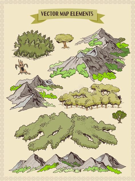 Vector map elements, colorful, hand draw - forest, tree, wood 1. Vector colorful , #sponsored, #hand, #draw, #forest, #colorful, #Vector #ad Draw Forest, Map Elements, Map Sketch, Forest Map, Tree Map, Fantasy Map Making, Forest Drawing, Map Making, Fantasy World Map