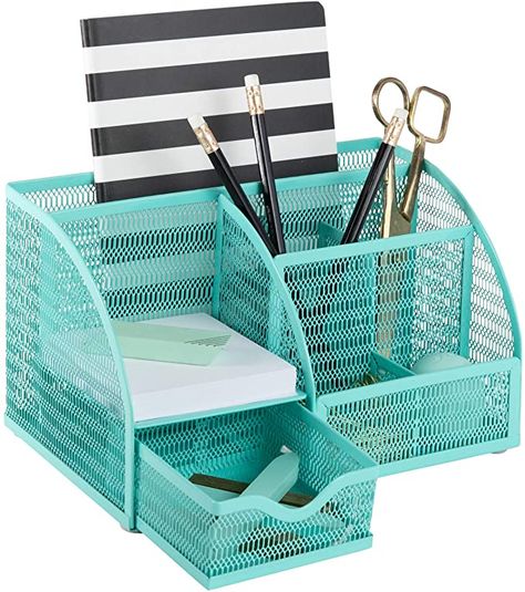 Aqua Office, Green Office Supplies, Teal Desk, Turquoise Desk, Small Desk Organization, Locker Bedroom, Desk Accessories For Women, Bedroom Turquoise, School Locker