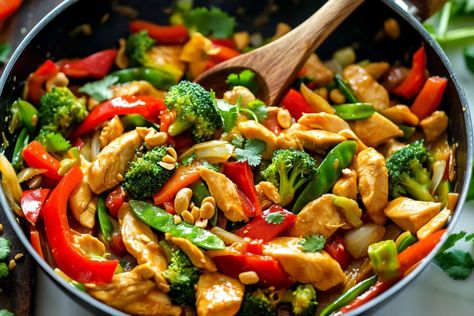 Easy Peanut Satay Chicken Stir Fry Peanut Satay Chicken, Satay Stir Fry, French Onion Meatballs Recipe, Chow Fun Recipe, Peanut Satay, Coca Cola Chicken, Bbq Chicken Wraps, Satay Chicken, Creamy Spinach Dip