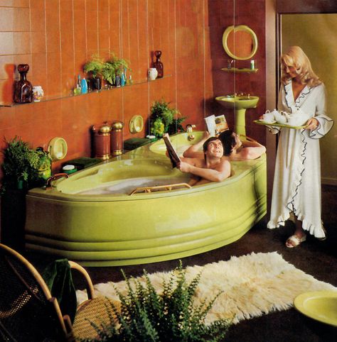 Twyfords can turn your bathroom into a living room. House & Garden Oct 1975 70s Interior Design, Conversation Pit, Casa Retro, 70s House, 80s Interior, 70s Interior, Mid Century Interior, Retro Interior Design, 70s Home