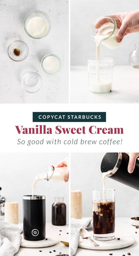 If you're a Starbuck's lover, then you are going to swoon over this at-home vanilla sweet cream cold foam recipe. It's made with just a few simple ingredients and you can easily make enough to last you 5 days! Vanilla Sweet Cream Recipe, Sweet Cream Cold Foam Recipe, Cream Cold Foam Recipe, Starbucks Sweet Cream, Vanilla Sweet Cream Cold Brew, Cold Foam Recipe, Vanilla Sweet Cream Cold Foam, Sweet Coffee Drinks, Sweet Cream Cold Brew