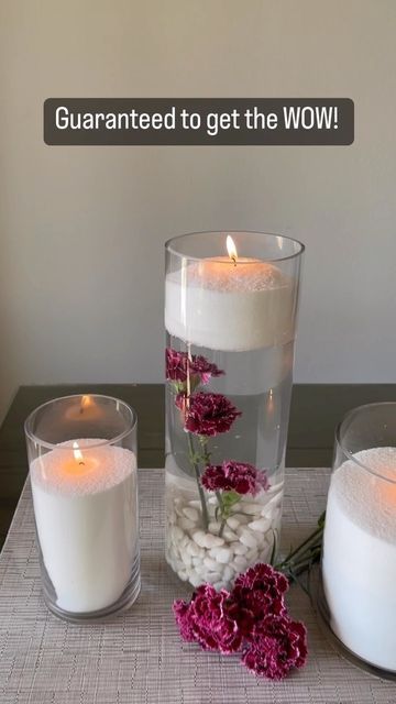 Vase With Water And Candle, Water Bead Vase Centerpiece, Floral Arrangements With Water Beads, Clear Water Beads Centerpiece Ideas, Floating Pearls Centerpiece, Water Beads Ideas Centerpieces, Foton Candle, Candle Jar Centerpieces, Floating Candles Wedding Centerpieces