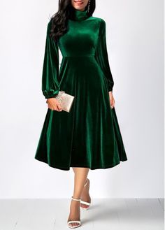 Size:L;Color:Green;Size:XL;Sleeve Style:Lantern Sleeve;Washing Instructions:Hand Wash;Occasion:Party;Dress Length:Mid Calf;Decoration:Lantern Sleeve;Composition:95%Polyester , 5%Spandex;Silhouette:High waist;Style:Elegant;Pattern Type:Solid;Color Scheme:Green;Sleeve's Length:Long Sleeve;Package Contents:1 X Dress;Neckline:Turtleneck;Season:Autumn; Green Velvet Dress Long, Emerald Green Velvet Dress, Velvet Turtleneck, Sleeved Velvet Dress, Velvet Dress Long, Long Sleeve Velvet Dress, Emerald Green Dresses, Maid Of Honour Dresses, Green Velvet Dress