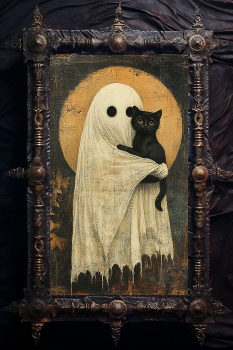 Add a touch of playful spookiness to your Halloween decor with this charming art print of a whimsical ghost holding their pet black cat in front of a glowing full moon. Perfect for fans of Halloween artwork, ghosts, and black cats, this enchanting piece captures the lighthearted side of the spooky season with a dash of ghostly charm. In this delightful illustration, the friendly ghost gently cradles its black cat companion, their figures bathed in the soft, ethereal light of the full moon. The print blends the classic symbols of Halloween--ghosts, black cats, and the full moon--into a scene that is both heartwarming and slightly eerie, making it a must-have for those who adore the festive, magical atmosphere of Halloween. Celebrate the playful magic of Halloween with the "Whimsical Ghost a Seasonal Paintings, Full Moon Illustration, Boot Art, Black Cat Artwork, Gothic Artwork, Ethereal Light, Moon Artwork, Moody Art, Black Cat Print