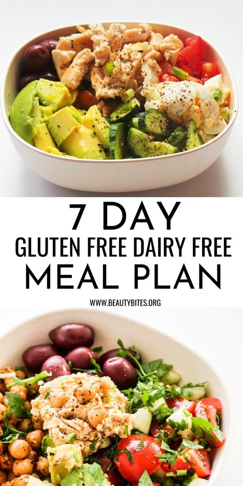 One week gluten free dairy free meal plan with delicious dairy free gluten free recipes for breakfast, lunch, dinner and dessert to help you reduce inflammation by eliminating these two common food allergens! Dairy Free Meal Plan, Dairy Free Meal, Gluten Free Dairy Free Recipes Dinner, Gluten Free Dairy Free Dinner, Dairy Free Lunch, Dairy Free Recipes Dinner, Gluten Free Meal Plan, Dairy Free Dinner, Dairy Free Breakfasts