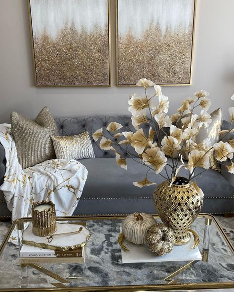 Gray Couch Gold Accents Living Room, Blue Gold Neutral Living Room, Grey And Gold Living Room Ideas, Gray And Gold Living Room Decor, Gray Black And Gold Living Room, Gray And Gold Living Room, Blue And Gold Living Room, Silver Living Room, Gold Living Room Decor