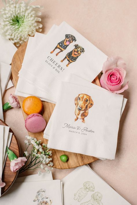 "Incorporating your beloved fur babies into your wedding details is a great way to curate a truly personalized event. Personalized cocktail napkins are a must for special events! Our cocktail napkins will add the perfect touch to your next event! Choose from our selection of napkin and ink color options to customize these napkins to fit your event colors. We suggest ordering 2-3 napkins per guest for each hour of your event.  ------------------ DIMENSIONS  ------------------ 3-Ply Premium Cocktail Napkins are approximately 5\" x 5\" ------------------------ ORDER PROCESS ------------------------ When placing your order, specify in the info box: -Photo of your pet (the fewer background distractions in the picture, the better) -Ink Color -Personalized information -Event date -       Need By Personalized Cocktail Napkins, Custom Wedding Napkins, Wedding Cocktail Napkins, Custom Cocktail Napkins, Couples Monogram, Wedding Crest, Personalized Napkins, Wedding Pets, Garden Party Wedding