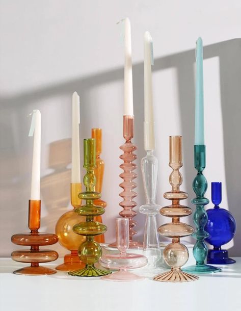 Colorful Candle Holders, Vintage Glass Candle Holders, Colorful Lamp Shades, Modern Glass Pendant Light, Best Housewarming Gifts, Glass Candlestick Holders, Glass Flower Vases, Dinner Decoration, Taper Candle Holders