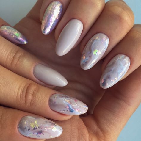 perfectnailsGoldCoast on Instagram: “do you like this design?) #opalnails #opal #nails #goldcoast #nailsgoldcoast #manicure #manicuregoldcoast #biogel #almondshape #nudenails…” Dark Opal Nails, Nails With Gold Flakes, Nails With Gold, Grey Nails, Opal Nails, Square Nail, Square Nail Designs, Unicorn Nails, Winter Nail Art