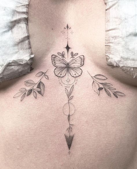 Lower Chest Tattoos For Women, Butterfly Between Breast Tattoo, Female Chest Tattoo Ideas Middle, Sternum Tattoo Women Butterfly, Girl Chest Tattoo Ideas, Tattoo Sternum Women, Butterfly Sternum Tattoo Women, Woman Chest Tattoo Middle, Middle Of The Chest Tattoo Women