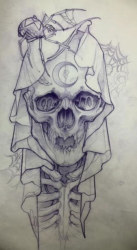 This image shows a cute drawing of a baby skeleton with a very big skull. The top of the skull head is covered with a large scarf which overlaps down to its body. There is a crescent shape which resembles the moon on the skull forehead. There is also a spider on top of its head with the web in the background. #tattoofriday #tattoos #tattooart #tattoodesign #tattooidea Tattoo Drawings For Men, Ako Kresliť, 16 Tattoo, Reaper Tattoo, Cool Tattoo Drawings, Octopus Tattoos, Kunst Tattoos, Tattoo Zeichnungen, Men Tattoos