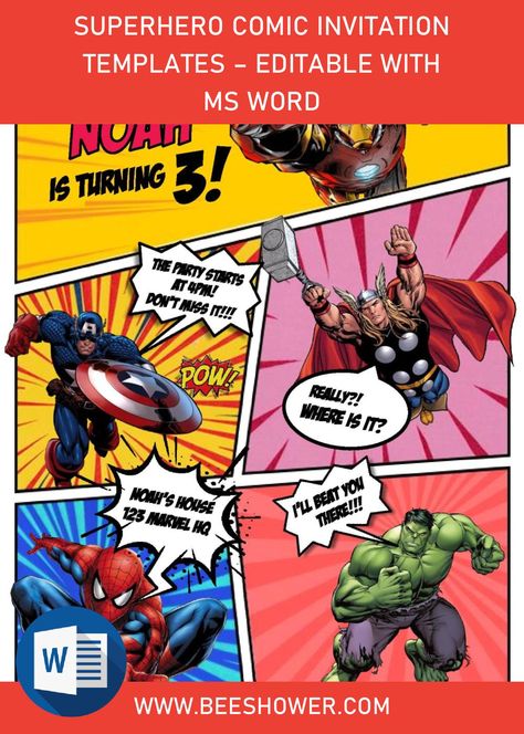 Download Superhero Comic Invitation Templates - Editable With Ms Word Marvel Party Invitations, Superhero Invitations Free Template, Comic Invitation, Superhero Birthday Invitations Free, Avengers Party Invitation, Avengers Invitation, Superhero Invite, Superhero Birthday Party Invitations, Birthday Superhero