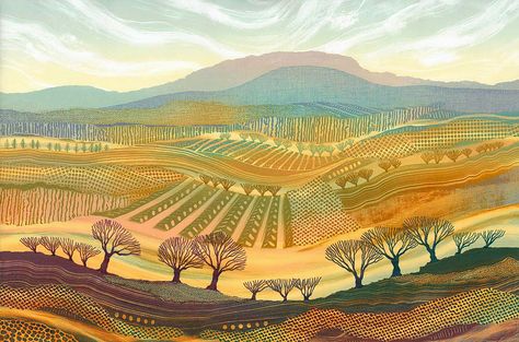 Colourful, detailed patchwork landscapes by Northumberland artist Rebecca Vincent. Original monotypes sold, limited edition art prints available Rebecca Vincent, Vincent Art, Craft Hobbies, Landscape Quilt, Quilt Art, Landscape Quilts, Uk Artist, Art Courses, Rural Landscape