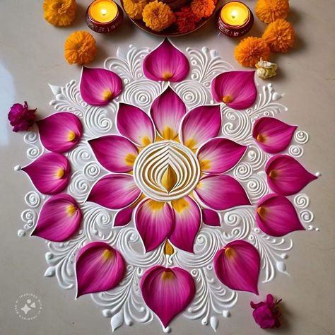 Colour Kolam Designs Rangoli, Simple Lotus Rangoli Designs, Rangoli Muggulu Designs, Designs For Rangoli, Ragoli Color Design, Muggulu Design Simple With Colors, Rangoli Kolam Designs With Colour, Lakshmi Rangoli, Margali Kolam