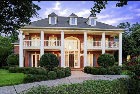 Red Brick, White Columns Brick House White Columns, Brick House With Pillars, Red Brick House With Columns, Southern Brick Homes, Brick House With Columns, Red Brick Colonial House Exterior, Brick Colonial House Exterior, Red Brick Colonial, Brick Colonial House