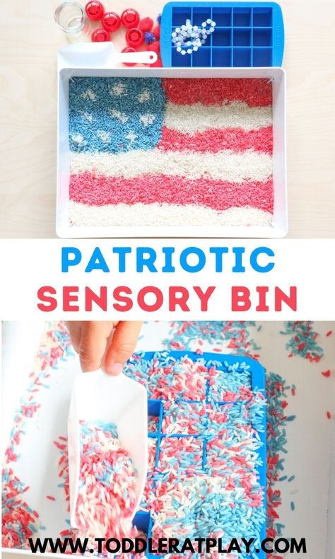 This Patriotic Sensory Bin is a fun way to keep kids busy! Create this patriotic themed sensory play idea for Memorial Day, July 4th or any time! It’s super easy to set up, in fact, use what ever you have on hand that would be fun in a sensory bin.  #sensorybin #patrioticsensorybin #sensoryplay #july4thcrafts Rice Sensory Play, Dyed Rice, Kids Sensory Activities, Toddler Themes, Keep Kids Busy, Play Activity, Fun Activities For Toddlers, Preschool Activities Toddler, Preschool Lesson Plans