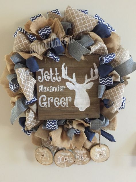 Burlap wreath, baby hospital door hanger. Rustic. Baby Boy Wreath For Hospital Door, Baby Door Wreaths, Baby Boy Wreath, Baby Shower Camo, Hospital Door Hangers, Baby Door Hangers, Baby Wreath, Rustic Door, Hospital Door