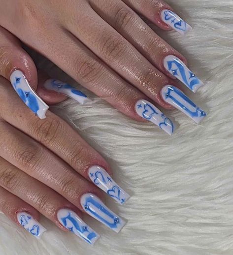 Old School Airbrush Nails, Royal Blue Nails Acrylic Coffin, Cute Airbrush Nails, 2002 Nails, 90s Airbrush Nails, Blue Airbrush Nails, Airbrush Acrylic Nails, Chicana Nails, Cricut Cutouts