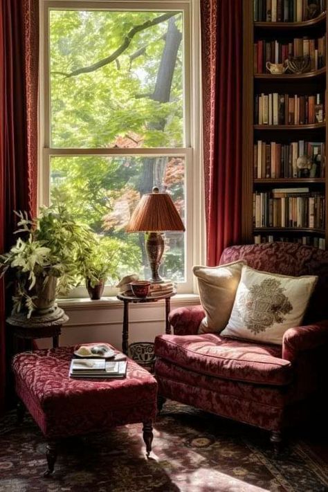 Victorian Reading Room, Stately Homes Interior, Moody Reading Nook, Cottage Reading Nook, Cozy Fireplace Seating, Cozy Reading Nook Ideas, Table In Front Of Window, Lamp On Table, Parlor Room Ideas