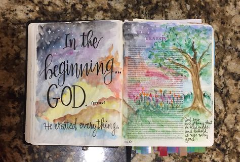 Genesis 1. Bible Art Journaling by @patjournals Faith Art Journaling, Esv Journaling Bible, Bible Drawing, Bible Journaling Ideas Drawings, Bible Doodling, Inspire Bible Journaling, Bible Illustrations, Faith Art, Bible Study Journal