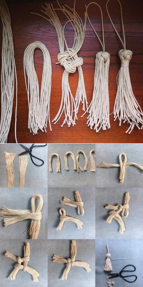 Tassels Diy Tutorials, Simpul Makrame, Tassels Tutorials, Art Macramé, Pola Macrame, Tassel Crafts, Buat Pita, Macrame Knots Tutorial, Macrame Wall Hanging Patterns