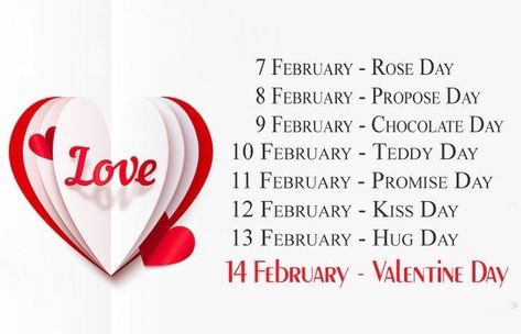 Valentines Day Chart, 7 February Rose Day, List Of Valentine Week, Happy Rose Day My Love, Valentine Week List, Happy Valentines Day Sms, February Special Days, Valentine Day Week List, Rose Day Pic