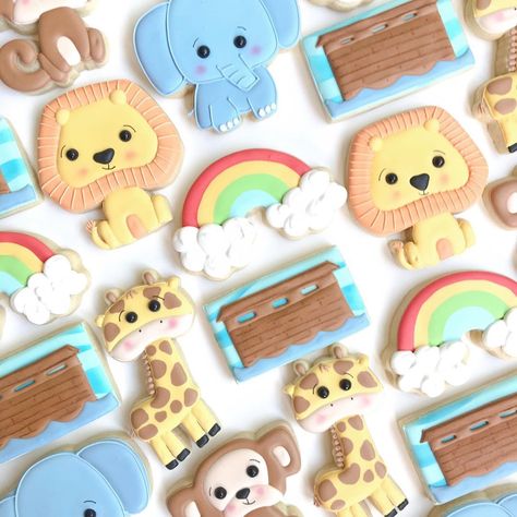 Krissi |Konfections & Konfetti on Instagram: “Need an ark? I Noah guy • • • #noahsarkcookies #noahsarkparty #animalcookies #giraffecookies #monkeycookies #decoratedsugarcookies…” Noah's Ark Cookies, Noah’s Ark Cookies, Noah’s Ark Baby Shower Theme, Twin Baby Shower Theme, Noahs Ark Party, Giraffe Cookies, Royal Cookies, Monkey Cookies, Noahs Ark Theme