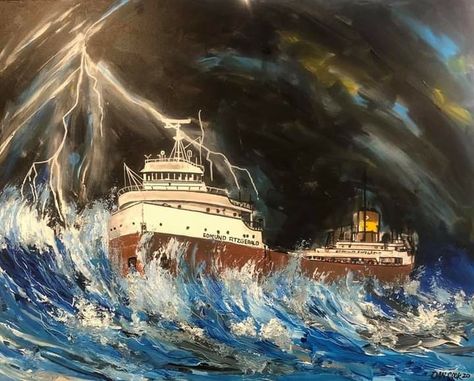 Edmund Fitzgerald Tattoo, The Edmund Fitzgerald, Edmund Fitzgerald, Great Lakes Ships, Traditional Tattoos, Painting Poster, Upper Peninsula, New Traditional, Shipwreck