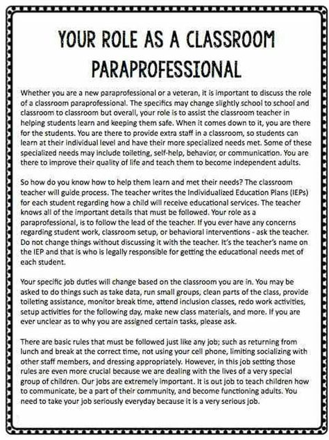 Nice handout for the start of school. Iep Writing, Special Education Paraprofessional, Asd Activities, Educational Assistant, Teacher Files, Staff Management, Sped Classroom, Co Teaching, Job Advice