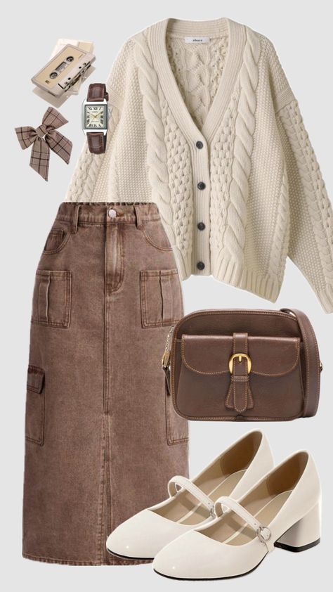 #casual #vintage #chunky #cardigan #sweater #cargoskirt #brownoutfit #skirt #falloutfit #fashion #fall #churchfit #modestoutfits #maryjane #comfy #schooloutfit #modest Brown Denim Skirt, Church Outfit Fall, Chunky Cardigan Sweater, Modest Girly Outfits, Chunky Cable Knit Cardigan, Modest Casual Outfits, Brown Denim, Stile Hijab, Modesty Outfits