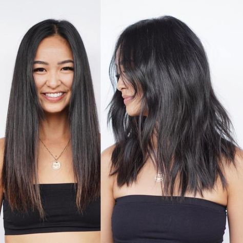 Sliced Midi Cut for Thick Hair Before and After Midi Haircut, Mid Length Straight Hair, Best Medium Length Haircuts, Midi Hair, Dense Hair, Layered Haircuts Shoulder Length, Haircut With Layers, Medium Length Haircuts, Choppy Haircuts