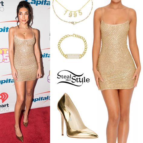 Chantel Jeffries: Embellished Mini Dress, Gold Pumps | Steal Her Style Celebrity Piercings, Gold Glitter Dress, Gold Mini Dress, Miley Cyrus Style, Glitter Mini Dress, Embellished Mini Dress, Mini Gold Dress, Steal Her Style, Chantel Jeffries