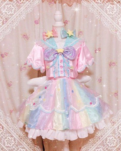 ʚ Lil lychee girl ɞ Scenecore Transparent, Magical Girl Aesthetic Outfit, Kawaii Dress Pastel, Fairy Kei Outfit, Decora Fashion Outfits, Pastel Rainbow Dress, Yumekawaii Fashion, Fairy Kei Aesthetic, Kawaii Stars