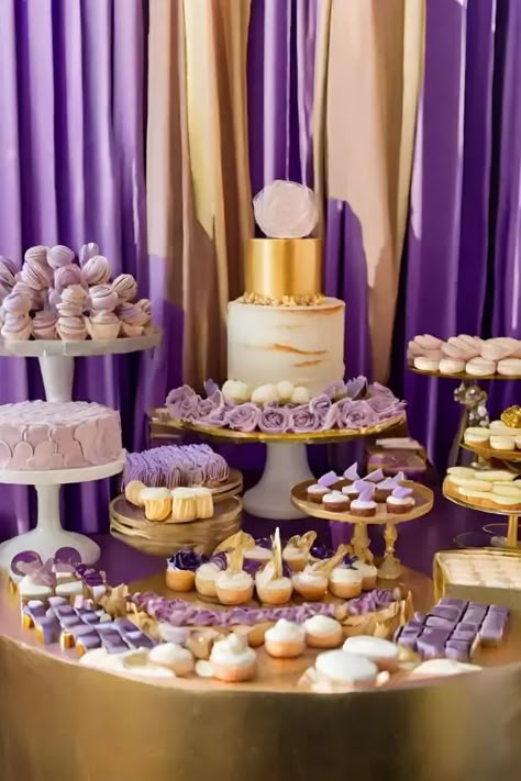 Purple Ivory And Gold Wedding, Birthday Decorations Purple And Gold, Purple Gold Decorations Party Ideas, Purple And Gold Table Decor, Purple Gold White Birthday Party, Purple Gold Graduation Party Ideas, Purple And Gold Party Ideas, Purple And Gold Decor, Purple And Gold Dessert Table