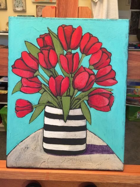 Whimsical Art Flowers, Vase Decoration Ideas, Diy Art Projects Canvas, Flower Vase Drawing, Art Painting Diy, Ako Kresliť, Red And Turquoise, Striped Vase, Folk Art Flowers