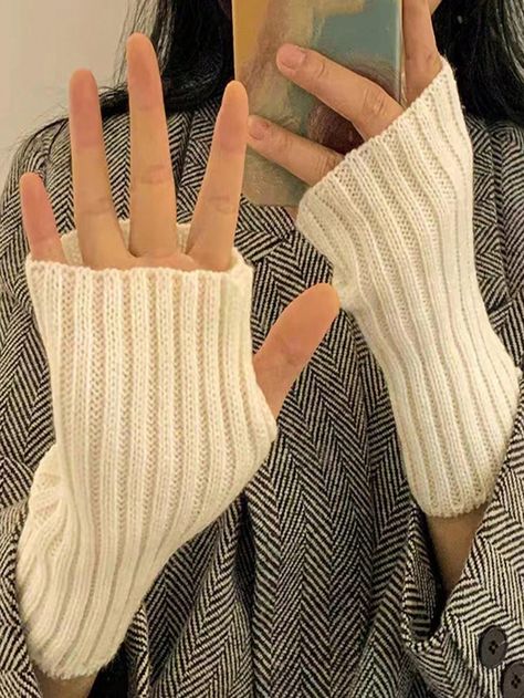 White  Collar  Acrylic   Embellished  Fall/Winter Women Accessories Fingerless Gloves Aesthetic, Winter Gloves, White Collar, Winter Women, Fingerless Gloves, Warm Winter, Gloves, Fall Winter, Solid Color