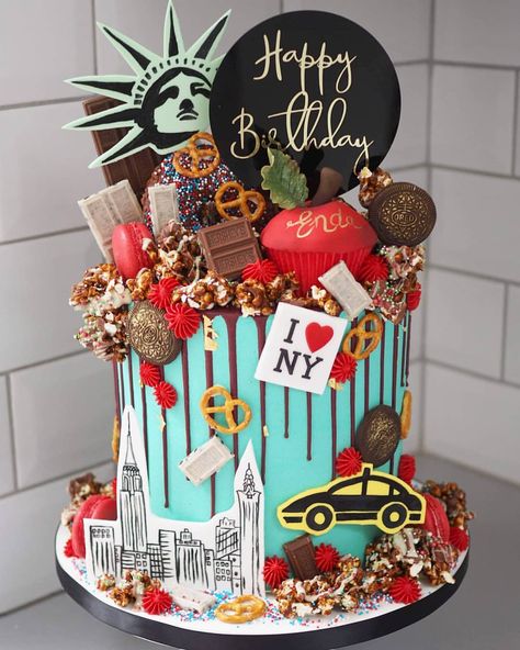 One of my favourite drippy cakes ever!! Happy 50th birthday to Enda! Hope you have a blast in New York! 🌇🗽✈ Decorated with hand painted… Birthday Cake Nyc, Drippy Cakes, Nyc Cake, New York Cake, Red Birthday Cakes, Inside Cake, Custom Birthday Cakes, Edible Image Cake, Gateaux Cake