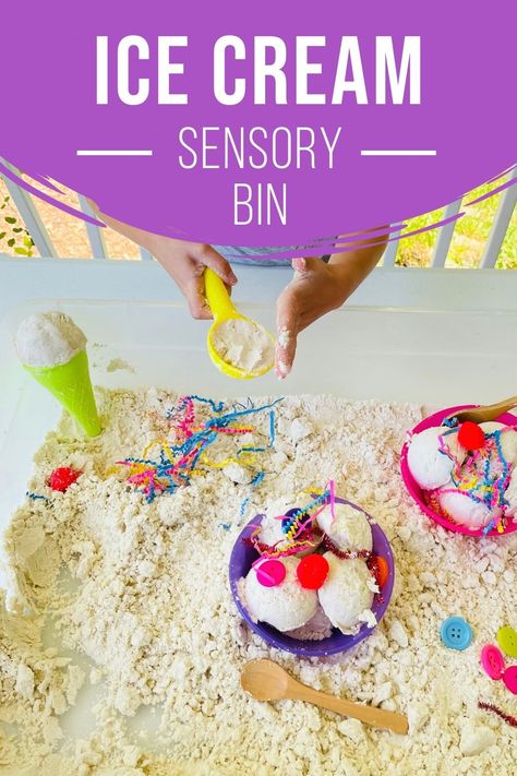 summer sensory bin - ice cream sensory play Ice Cream Sensory Bin For Toddlers, June Sensory Bin Ideas, Building Sensory Bin, Summer Sensory Bins For Preschool, Summer Themed Sensory Bin, Ice Cream Sensory Play, Summer Sensory Bin Preschool, Summer Sensory Table, Summer Sensory Bin Ideas