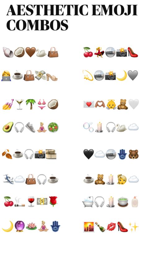 emoji combinations for, partying, city life, self care, vanilla girl, dark feminine, clean girl, lover girl, wellness girl, old money girl, travelling, autumn, health, holiday, business etc Money Emoji, Old Money Girl, Aesthetic Emoji, Wellness Girl, Cute Emoji Combinations, Girl Emoji, Emoji Combinations, Money Girl, Emoji Party