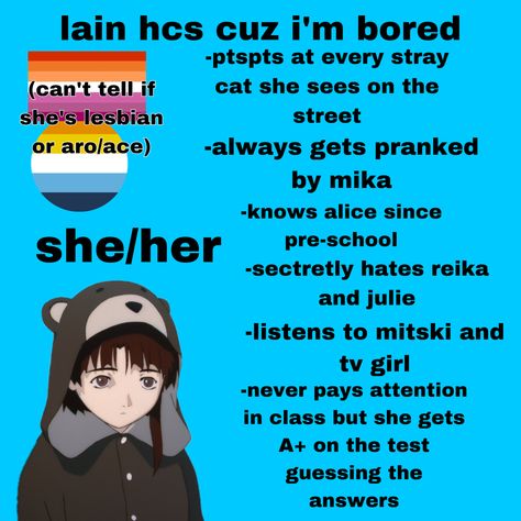 lain headcanons Lain Kinnie Bingo, Lain Kinnie, Lain Iwakura, Kinnie Bingo, Serial Experiments Lain, I M Bored, Tv Girls, Im Bored, Present Day