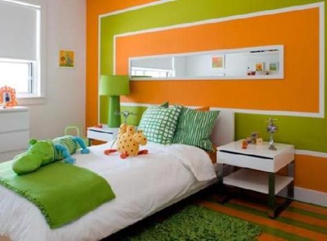 Green Color for Home Decorating with Peaceful and Pleasant Color Schemes Boys Ikea, Ikea Platform, Ikea Platform Bed, Boys Bedroom Green, Green Kids Rooms, Orange Accent Walls, Boy Bedroom Design, Bedroom Orange, Platform Beds