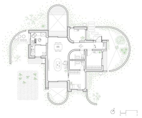 The brick house by Korean studio Obba features a curved fence wall that defines the relationship between private spaces and the countryside. O Shaped House Plans, Corner House Floor Plan, Curved House Plans, Unusual Floor Plans, Curved Plans Architecture, Curved Floor Plan, Circle Architecture Plan, Weird Architecture, Architecture Floor Plan