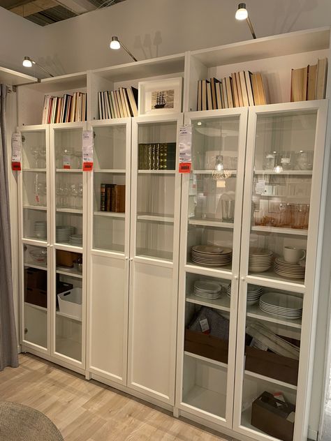 Office Billy Bookcase, Ikea Bookcase Ideas, Ikea Billy Oxberg Hack, Billy Bookcase Office, Home Library Rooms, Bookcase With Glass Doors, Ikea Living Room, Casa Country, Ikea Billy