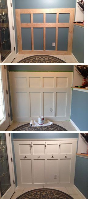 Board and Batten foyer wall in three steps! 1) Prep wall by removing baseboard. Attach 1x3 and 1x6 to the wall using wood glue and nail into studs. 2) Prime and paint boards and wall space between boards 3) Attach hooks, door stop, and molding. Vstupná Hala, Mud Rooms, Board And Batten, Easy Home Decor, Renovation Ideas, Wainscoting, Diy Home Improvement, New Wall, Cheap Home Decor